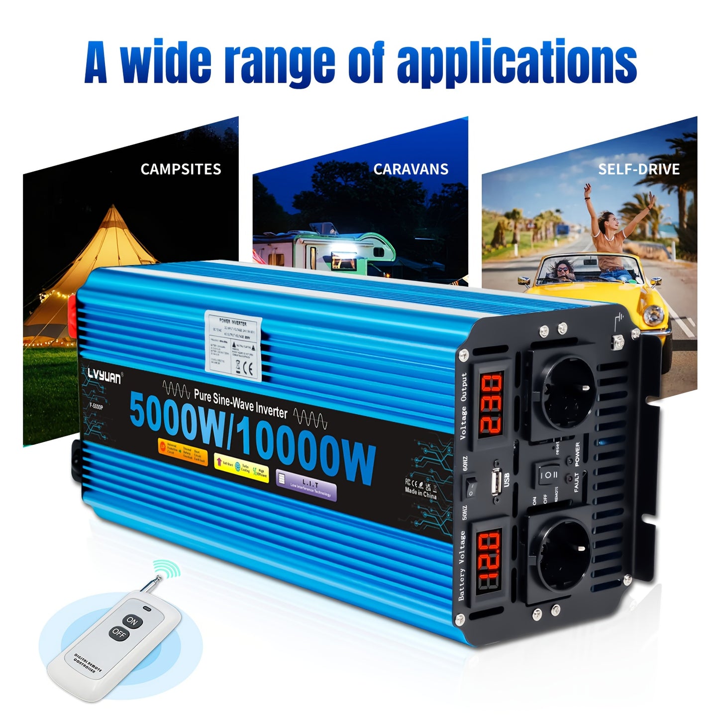 Power Inverter 5000W – Omvormer – Spanningsomvormer – DC naar AC Converter – Zuivere Sinus Inverter 12V – 4 AC Uitgangen & USB – LED Display – 10000W Piekvermogen