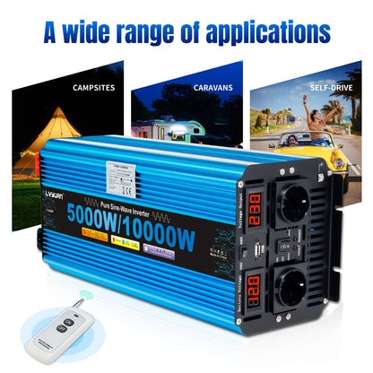 Power Inverter 5000W – Omvormer – Spanningsomvormer – DC naar AC Converter – Zuivere Sinus Inverter 12V – 4 AC Uitgangen & USB – LED Display – 10000W Piekvermogen