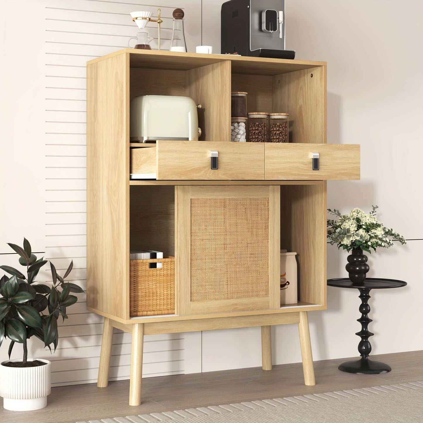 Nachtkastje – Ladekast – Opbergkast – Wandkast – Dressoir – Gevlochten Rattan – 80x39,5x120 cm – 2 Lades & 2 Open Vakken – Modern Design