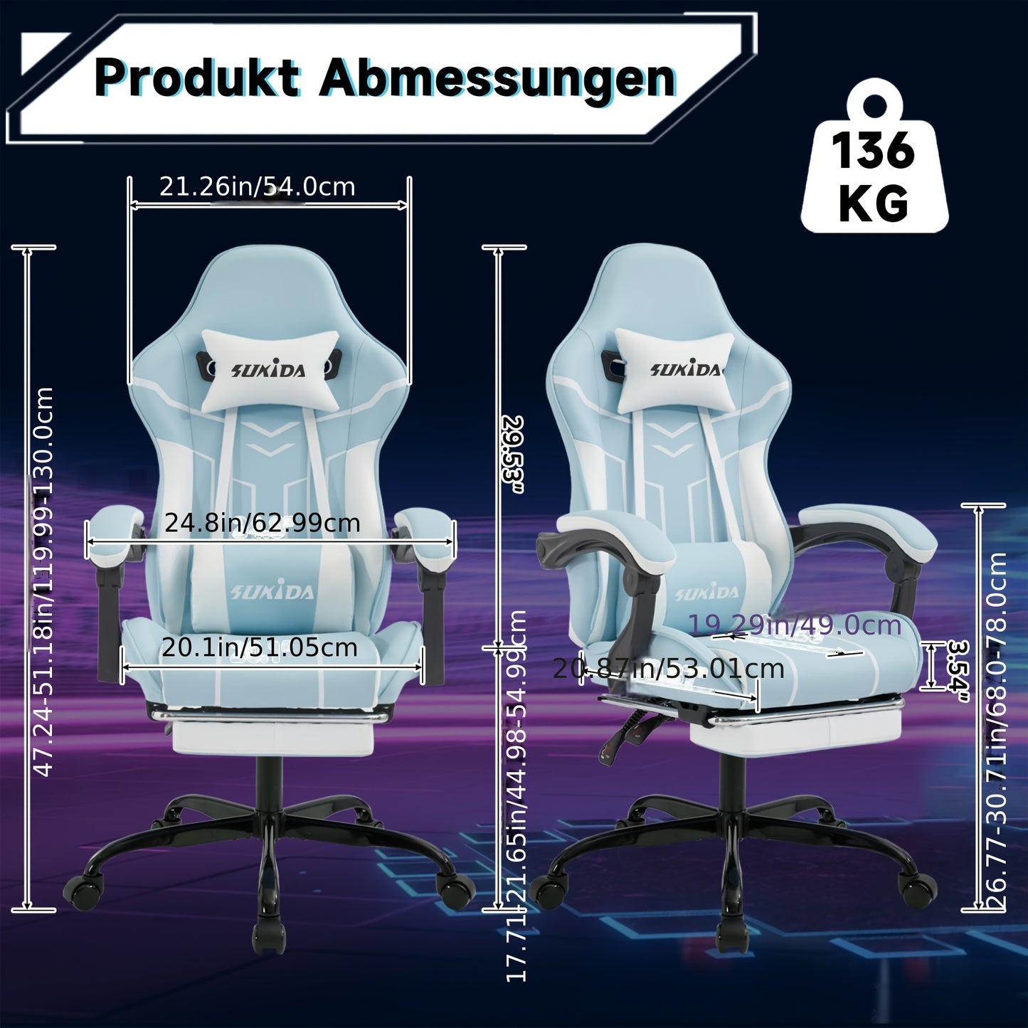 Gamingstoel – Gamestoel – Gaming Chair – Bureaustoel – Game Stoel – Ergonomisch – Verstelbare Hoogte – Inclusief Voetensteun – Brede Zitting – Zachte Armleuningen – 135° Verstelbare Rugleuning – Stille Wieltjes – Paars/Wit