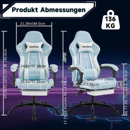 Gamingstoel – Gamestoel – Gaming Chair – Bureaustoel – Game Stoel – Ergonomisch – Verstelbare Hoogte – Inclusief Voetensteun – Brede Zitting – Zachte Armleuningen – 135° Verstelbare Rugleuning – Stille Wieltjes – Paars/Wit