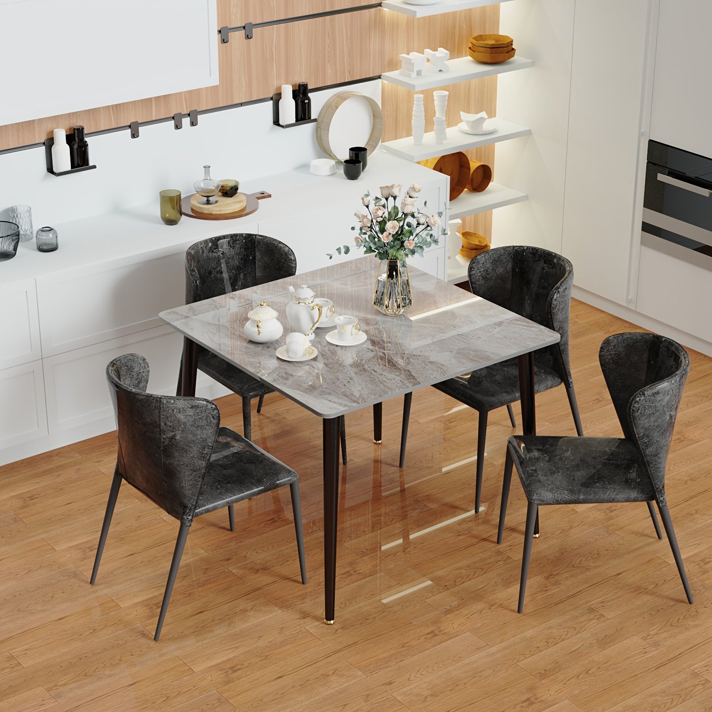 Compacte Eettafel – Kleine Keukentafel – Marmeren Tafel – Eettafel 2 Personen – Woonkamertafel – Zwart Metalen Poten – Krasbestendig Marmerblad – 80x80 cm