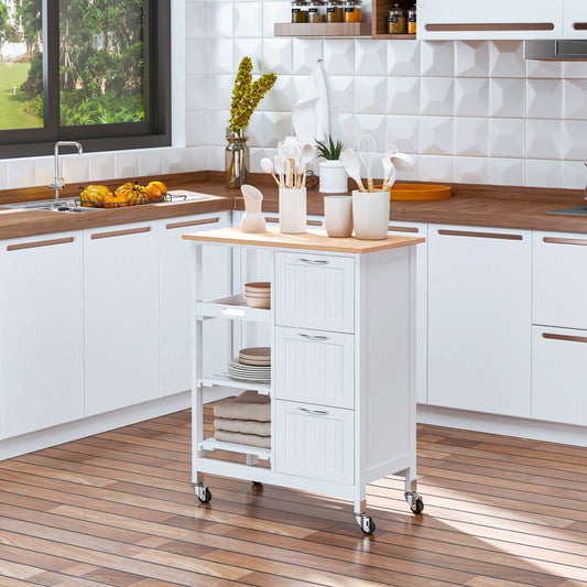 White Heavy-Duty Mobile Kitchen Cart with 3 Drawers & 3 Shelves, Rolling Storage Trolley with Worktop, Compact Space-Saving Design on 4-Wheels, Easy Assembly, Non-Wood (Metal/Like) for Small Kitchens, Pantry, Apartments (67