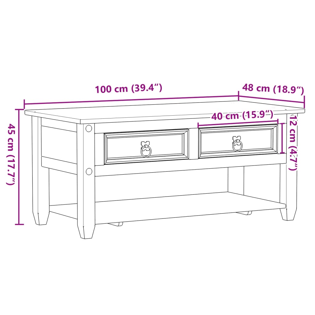Salontafel – Woonkamertafel – Koffietafel – Bijzettafel – Houten Tafel – Massief Grenenhout – 2 Lades Met Opbergruimte – Robuust En Stoer Design
