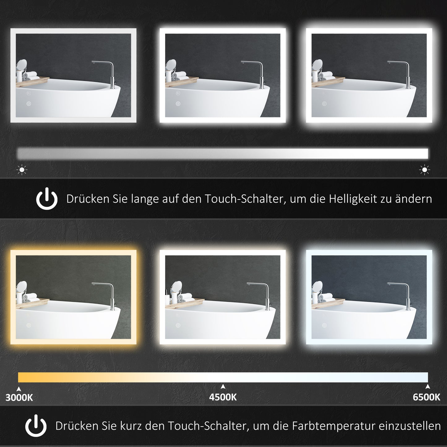 LED Badkamerspiegel – Spiegel, Verlichte Spiegel, Make-up Spiegel, Badkamer Spiegel – Wit Zilver – 80 x 60 cm – Touch Bedieningspaneel – Anti-condensfunctie