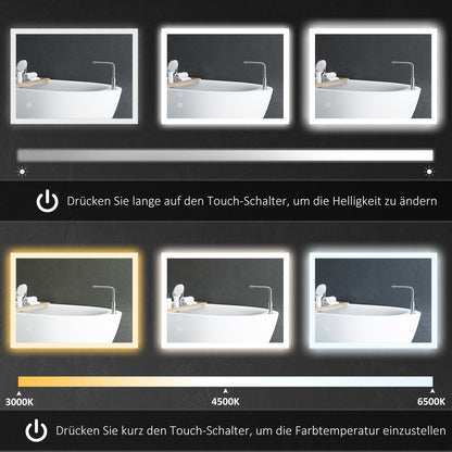LED Badkamerspiegel – Spiegel, Verlichte Spiegel, Make-up Spiegel, Badkamer Spiegel – Wit Zilver – 80 x 60 cm – Touch Bedieningspaneel – Anti-condensfunctie