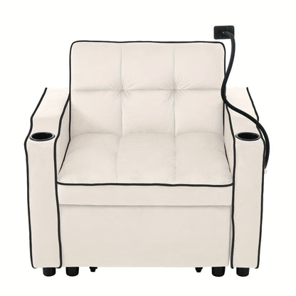 3-in-1 Foam Bank – Slaapbank – Loungestoel – Armstoel – Slaapstoel – Beige – Comfortabele Schuimvulling – Ingebouwde Cup- en Telefoonhouders