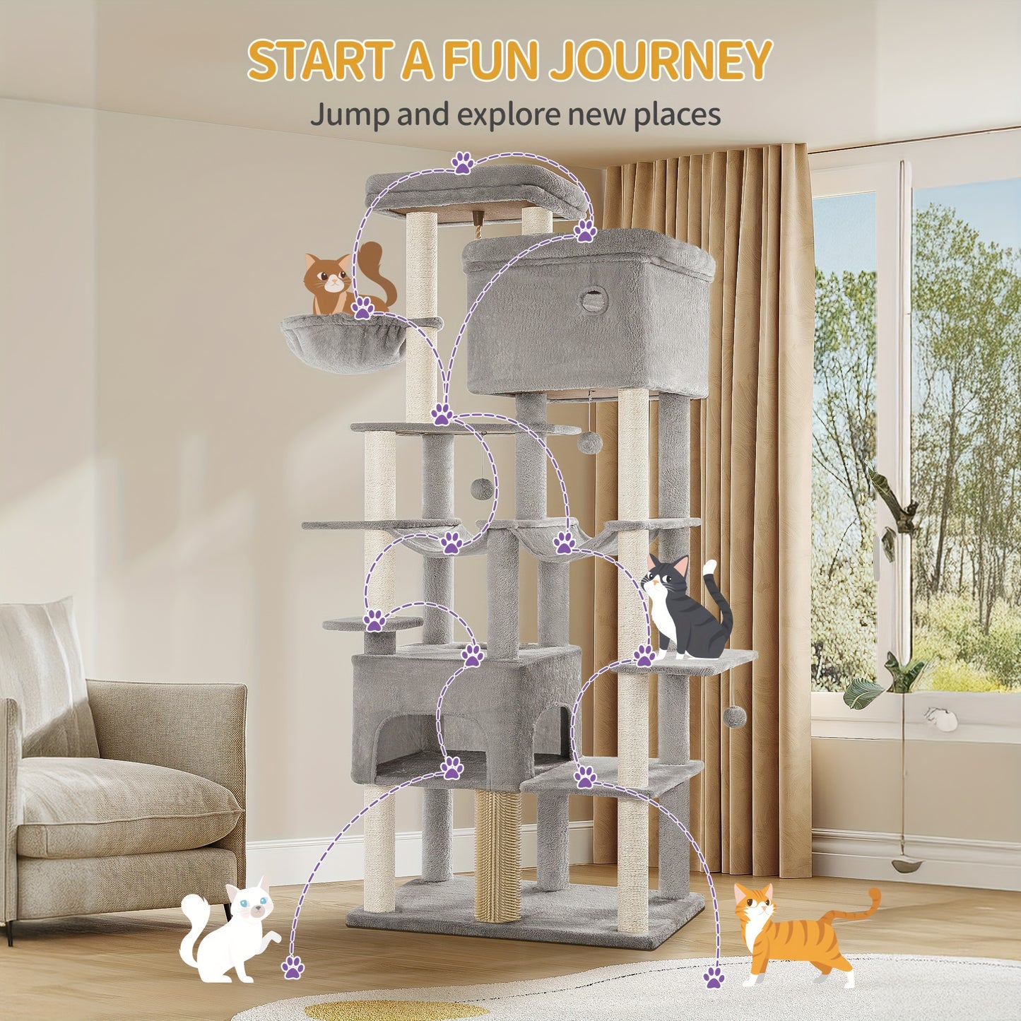 Krabpaal – Kattenkrabpaal – Kattenboom – Krabmeubel – Kattenhuis – XXL 200 cm Hoog – 10 Sisal Krabpalen & 2 Hangmatten