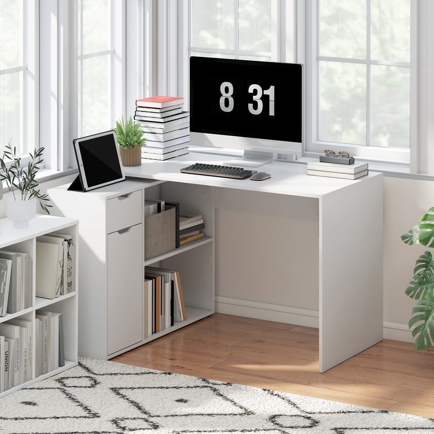 Flexibel Bureau – Bureautafel – Studiebureau – Werkplek – Schrijftafel – Wit Houten Design – 2-Laagse Kast & Lade – Compact en Onderhoudsvriendelijk
