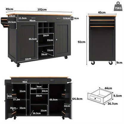 Keukeneiland – Keukentrolley – Keukenkast – Opbergmeubel – Buffetkast – MDF Werkblad – 102x45x92 cm – Wieltjes en Modern Design