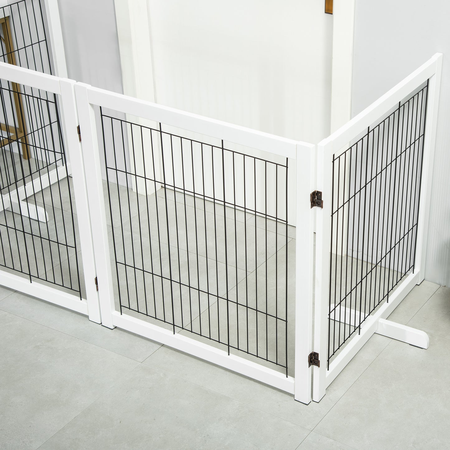 Hondenren – Hondenhek – Hondenafscheiding – Hondenbarrière – Hondenbox – Vouwbaar & Compact – Grenenhout en Stalen Gaas – Wit – 305 x 35,5 x 82 cm