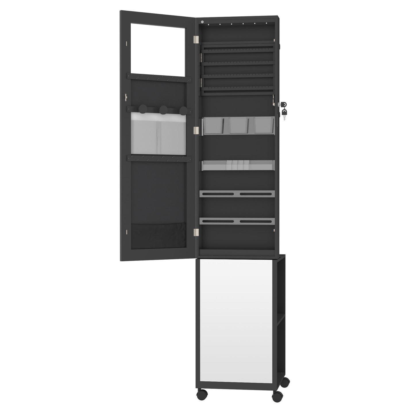 Sieradekast 3-in-1 – Make-upkast – Spiegelkast – Opbergkast – Jewelry Organizer – Zwart – Volledige Spiegel – Afsluitbaar Met Slot – Robuust MDF – Wieltjes Voor Mobiel Gebruik