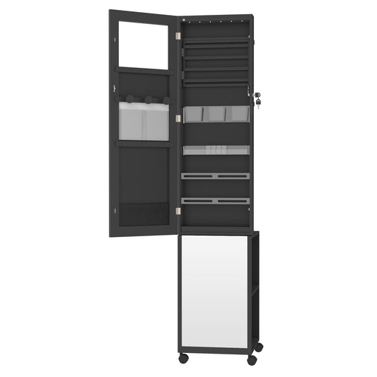 Sieradekast 3-in-1 – Make-upkast – Spiegelkast – Opbergkast – Jewelry Organizer – Zwart – Volledige Spiegel – Afsluitbaar Met Slot – Robuust MDF – Wieltjes Voor Mobiel Gebruik
