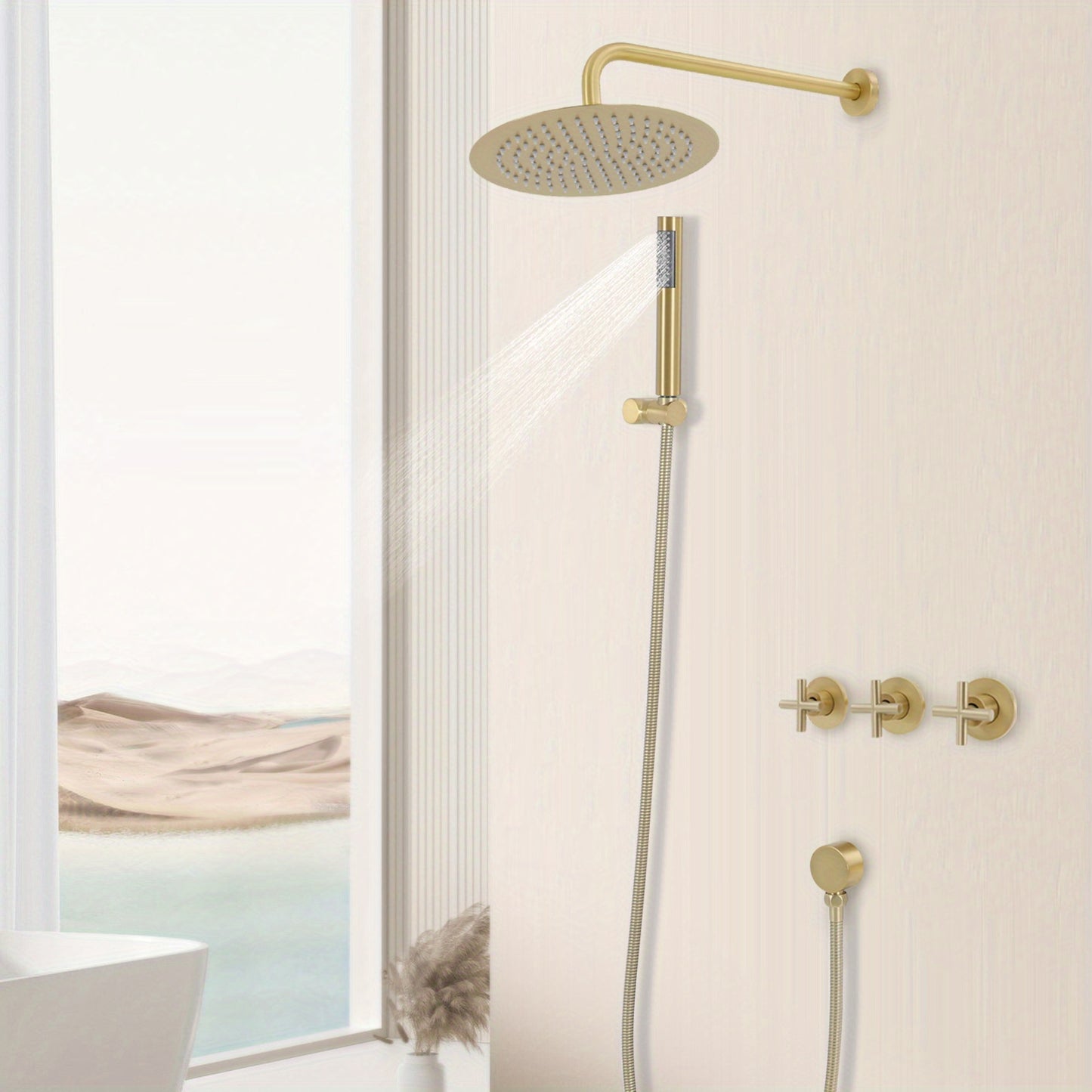 TOOL1SHOOO Premium 10-inch Wall Mounted Shower Set with Rainfall Shower Head And Adjustable Handheld Sprayer, Brushed Golden Finish, High Quality Brass Design for Home Hotel Bathroom, Bathroom Upgrade, Luxury Showering, Elega