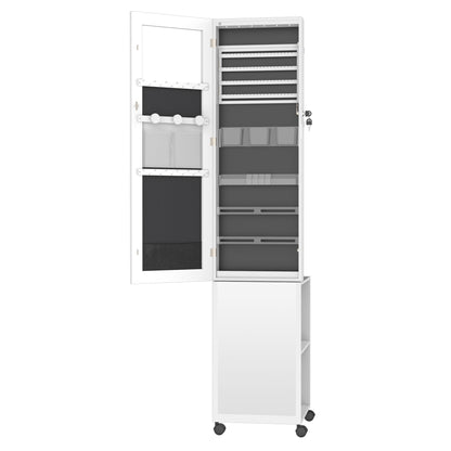 Sieradenkast – Sieradenopberger – Spiegelkast – Juvelenkast – Make-upkast – 360° Draaibare Spiegel – Afsluitbaar Met Slot – MDF & Staal – Wit – Met Wieltjes