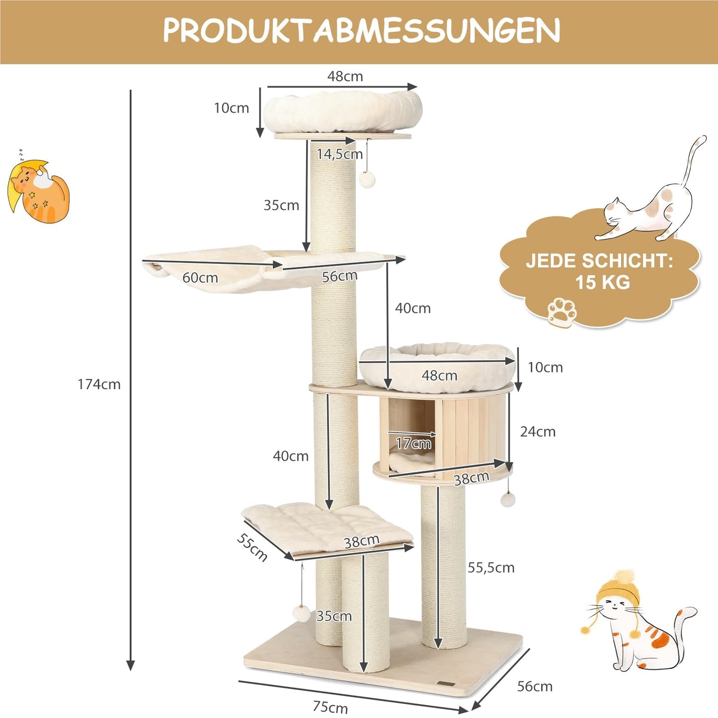 Krabpaal – Krabboom – Klimmeubel – Kattenmeubel – Krabton – 5-Lagen Hout – Inclusief Hangmat & Kattenhol – 174 cm Hoog – Sisal Krabpalen – Beige