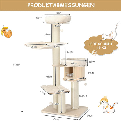 Krabpaal – Krabboom – Klimmeubel – Kattenmeubel – Krabton – 5-Lagen Hout – Inclusief Hangmat & Kattenhol – 174 cm Hoog – Sisal Krabpalen – Beige