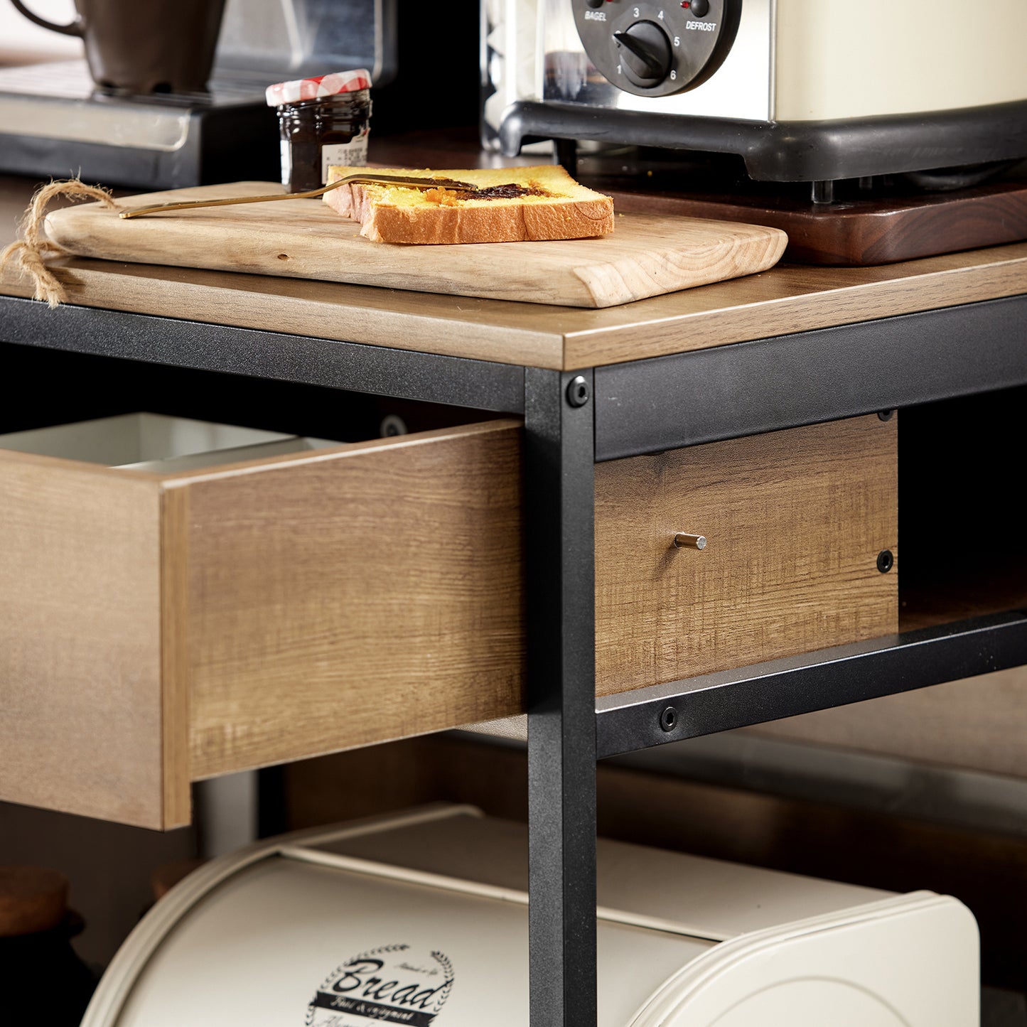 Keukentrolley – Keukenwagen – Serveerwagen – Opbergtrolley – Rolwagen – MDF Hout – Verrijdbare Lade met Remmen – Werkblad 60x45 cm