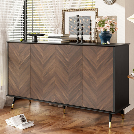 Dressoir – Opbergkast – Kast – Ladekast – Wandkast – Modern Design – Verstelbare Planken – Metalen Poot – Bruin Visgraat – Ruimtebesparend – Duurzaam
