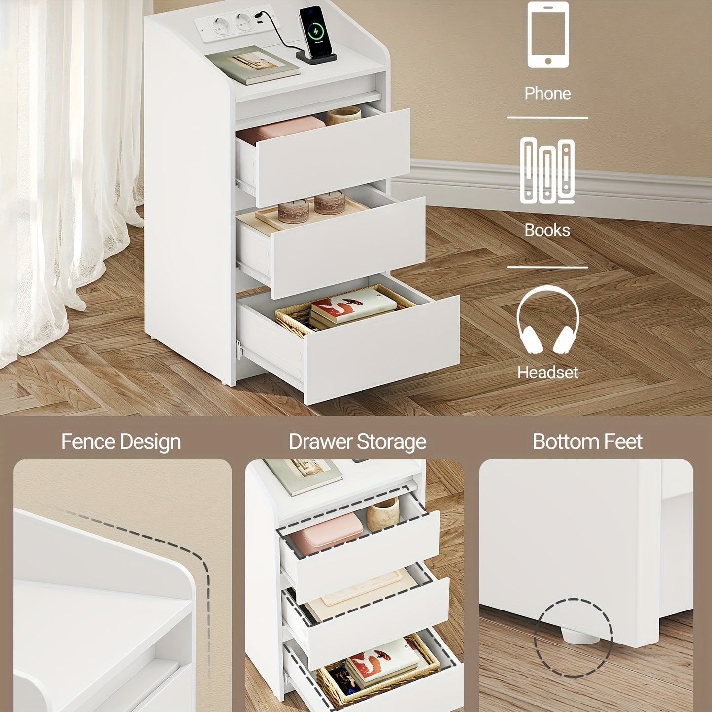 Nachttafel Set – Nachtkastje – Bijzettafel – Bedkastje – Ladeblok – Met Oplaadstation en LED-verlichting – 2 AC Stopcontacten en 2 USB-poorten – 3 Laden – Wit – Compacte Afmetingen 35x40x68 cm
