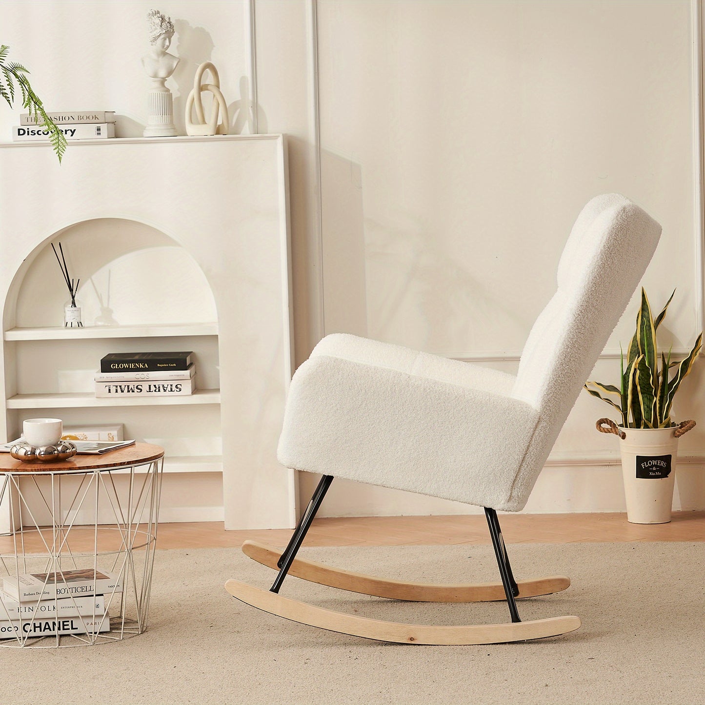 Schommelstoel – Schommelstoel Lounge – Schommelstoel Relax – Schommelstoel Speelkamer – Wit – Teddy Stof – Stevige Kunsthouten Poten – Zacht Schommelmechanisme