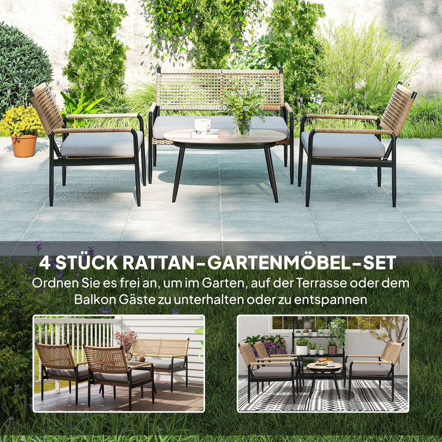 Poly Rattan Loungeset – Tuinmeubelset – Loungehoek – Buitenmeubel – Terrasmeubilair – Weerbestendig & UV-bestendig – Compleet 4-persoons Donkergrijs met Gele Accenten