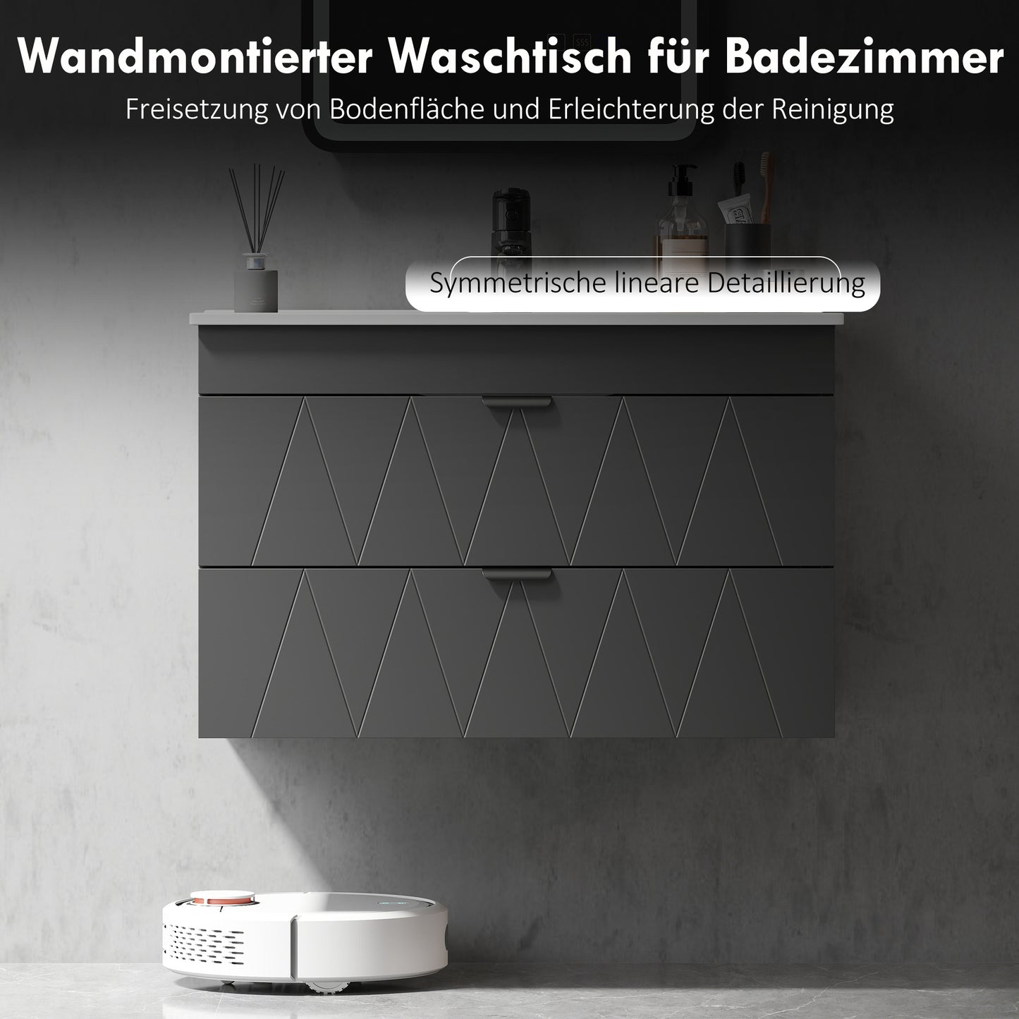 Badkamerkast Wandmeubel – Wastafelmeubel – Badkamermeubel – Opbergkast – Met Keramische Waskom – Zwart Mat – Soft-Close Lades – Ruimtebesparend Design – 76x46x50 cm