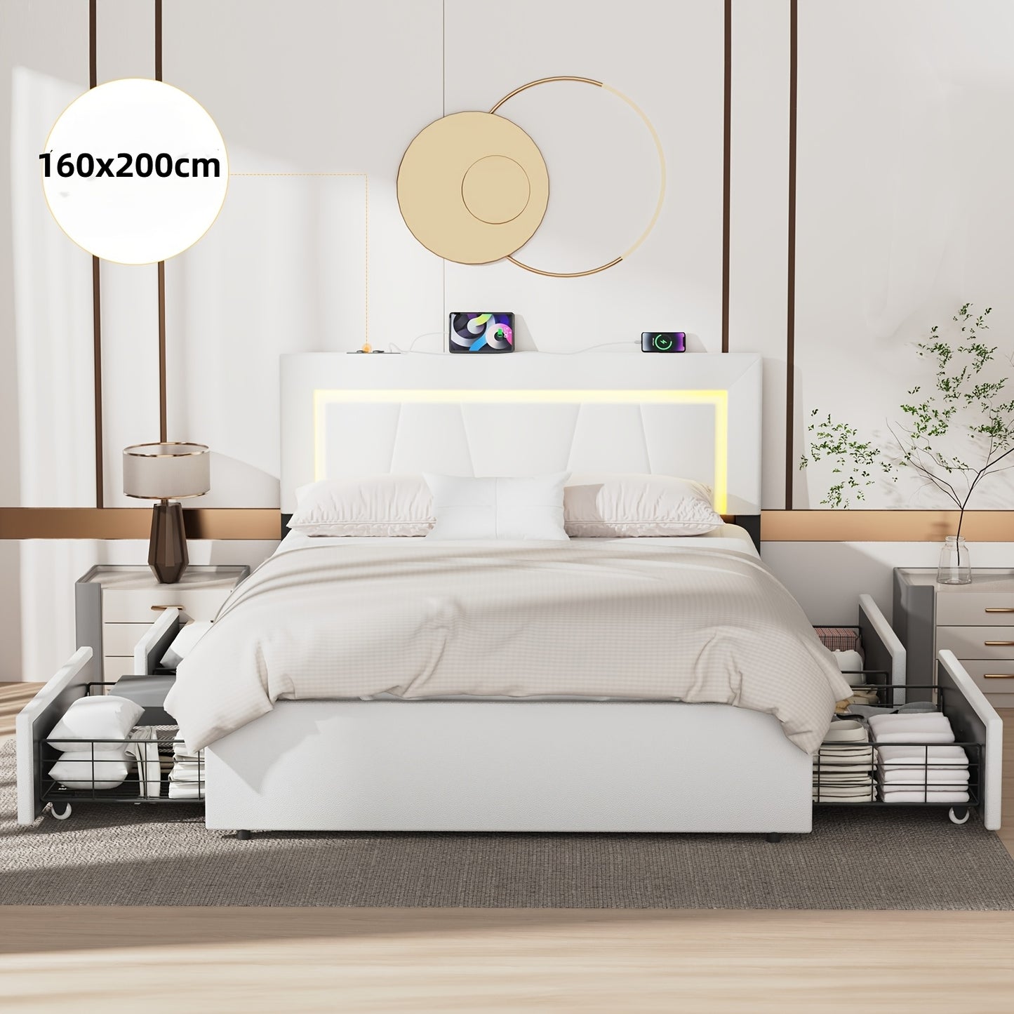 Gestoffeerd Tweepersoonsbed – Bedframe 160x200 – Opbergbed – Ladebed – Ruimtebesparend Bed – Met 4 Lades – Wit PU-Leer – Stevig Metalen Frame