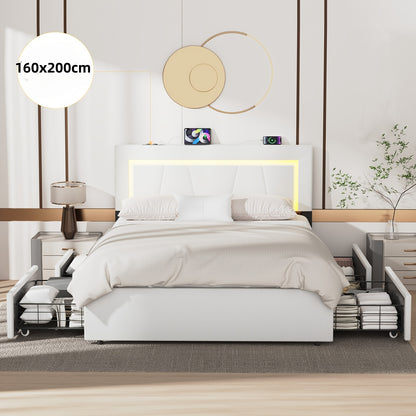 Gestoffeerd Tweepersoonsbed – Bedframe 160x200 – Opbergbed – Ladebed – Ruimtebesparend Bed – Met 4 Lades – Wit PU-Leer – Stevig Metalen Frame