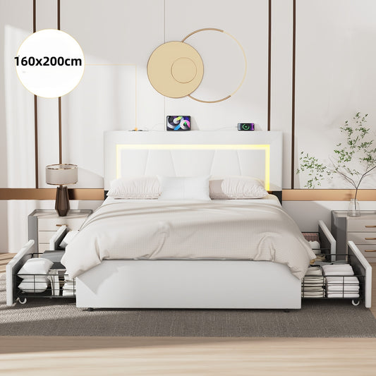 Gestoffeerd Tweepersoonsbed – Bedframe 160x200 – Opbergbed – Ladebed – Ruimtebesparend Bed – Met 4 Lades – Wit PU-Leer – Stevig Metalen Frame