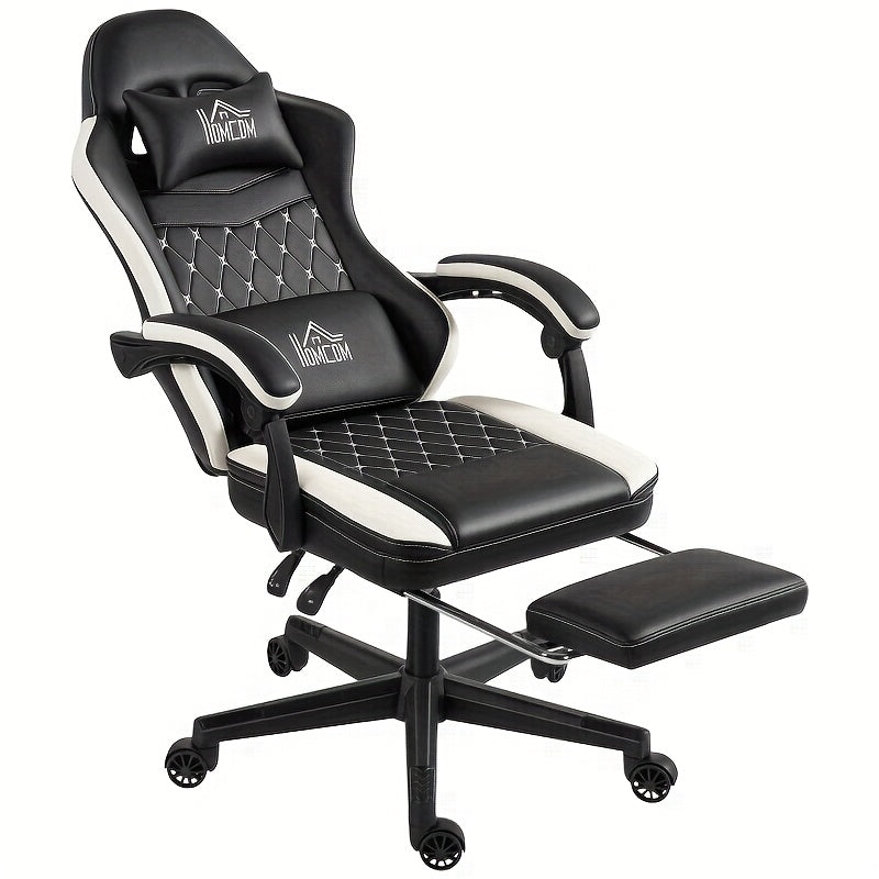 Ergonomic Gaming Chair with Footrest & Lumbar Support - Heavy-Duty Adjustable Height Recliner, 360° Swivel Memory Foam Computer Desk Chair, Manual Recline Handle, Headrest & 5-Wheel Base for Office, PC, Computer (Black/White