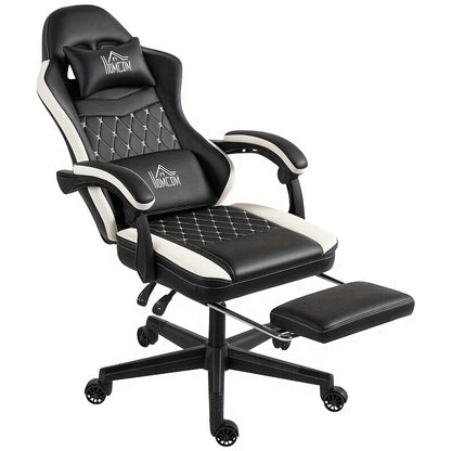 Ergonomic Gaming Chair with Footrest & Lumbar Support - Heavy-Duty Adjustable Height Recliner, 360° Swivel Memory Foam Computer Desk Chair, Manual Recline Handle, Headrest & 5-Wheel Base for Office, PC, Computer (Black/White