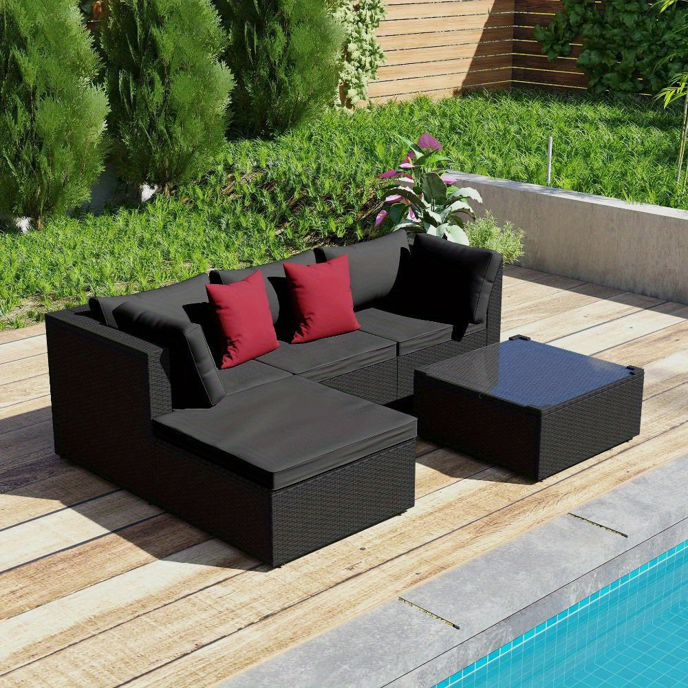Tuinmeubelset – Balkonmeubels – Loungeset – Rotan Meubels – Buitenmeubels – 5-delig PVC Rattan – Met Kussens En Glazen Tafel – Zwart
