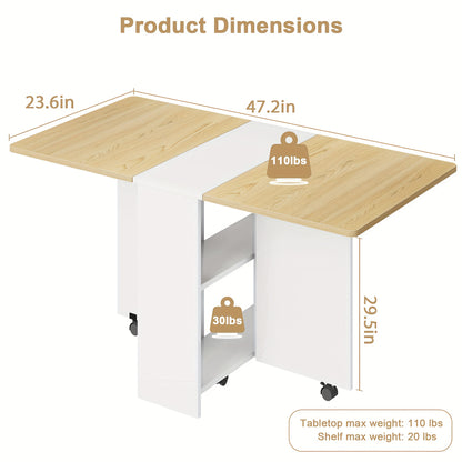 Klaptafel – Vouwtafel – Campingtafel – Eettafel – Opvouwbare Tafel – Met 2 Opbergniveaus – 360° Zwenkwielen Met Rem – Stevig Spaanplaat – Wit Met Houtaccenten