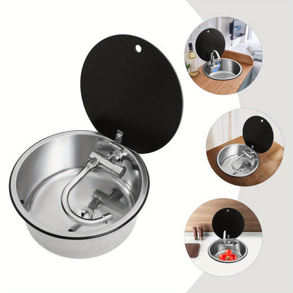 RVS Spoelbak – RVS Wasbak – Keukenspoelbak – Inbouwspoelbak – Campingspoelbak – Compact Rond Design 34 cm – Incl. Opklapbare Kraan en Veilig Glasdeksel