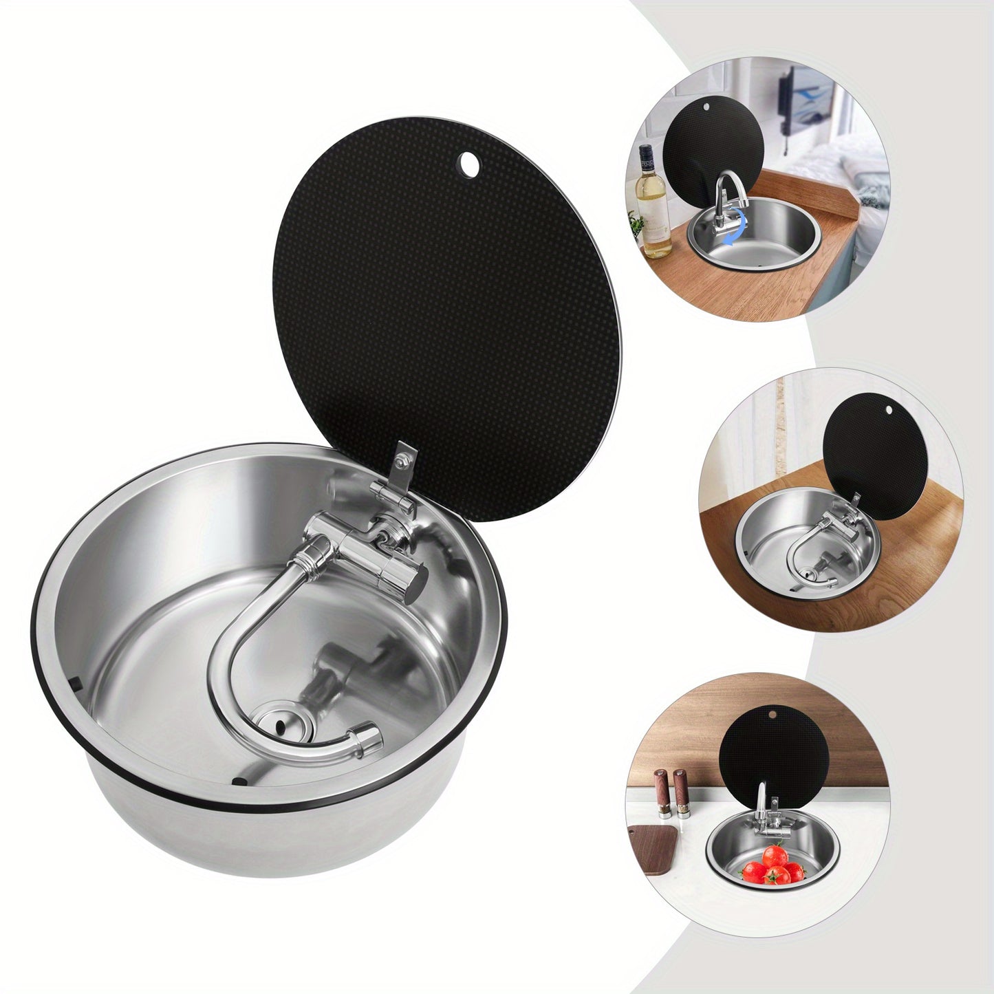 Spoelbak – Wasbak – Keukenspoelbak – Gootsteen – Inbouwspoelbak – RVS 304 Roestvrij Staal – Compact Rond 34 cm Met Inklapbare Kraan