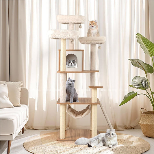 Krabpaal Kat – Krabmeubel – Klimpaal – Speelboom – Activiteitentoren – 168 cm Hoog – Inclusief Hangmat & Speelballen – Beige/Naturel