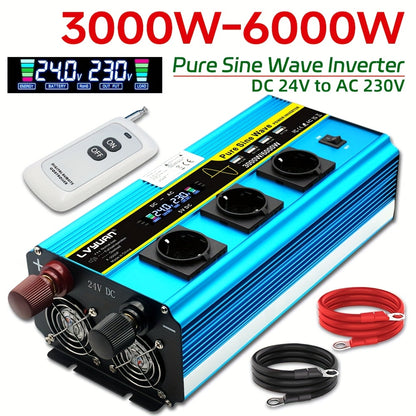 LVYUAN 6000W (peak)/3000W Pure Sine Wave DC 12V To AC 220V Voltage Converter With LCD Display And Wireless Remote Control As Well As 3 AC Outlets, 4 USB Ports And 4 Convection Fans For Car Camping, Laptops And Trucks.