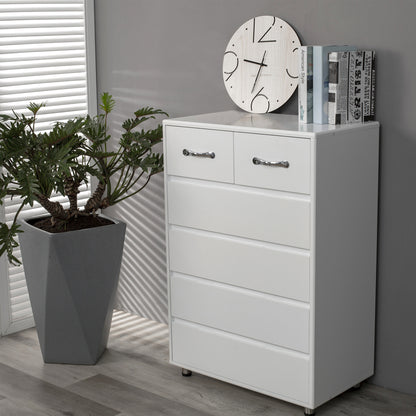 6-Drawer White Modern Minimalist Side Table with Black-Tipped Latches - Heavy-Duty Non-Wood, Easy Assembly, Compact Multi-Drawer Organizer for Bedroom,, Office - Durable White Furniture