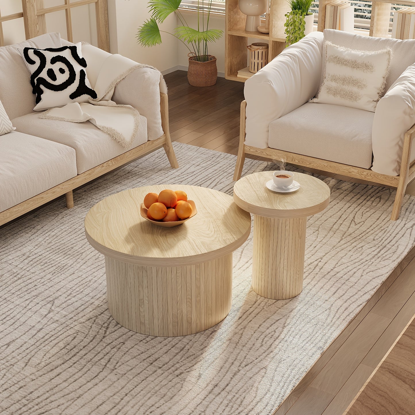 Salontafel – Dubbele Tafel – Ronde Koffietafel – Bijzettafel – Woonkamertafel – Natuurlijk Hout – Met Houten Lamellen – Multifunctioneel