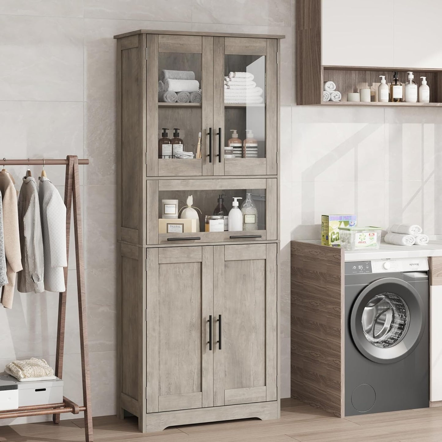 Badkamerkast – Badkamermeubel – Opbergkast – Kolomkast – Wastafelonderkast – Hardhouten Constructie – Verstelbare Planken – Grijs – 170x62x30 cm