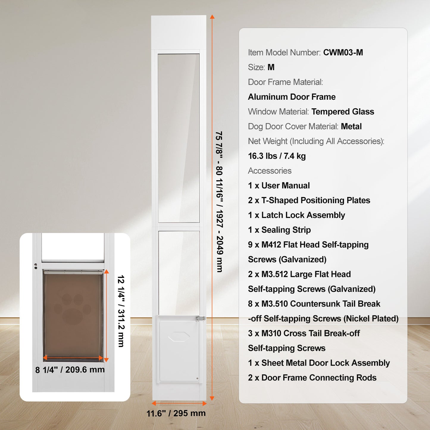 Hondenklep Schuifdeur – Hondendeur – Huisdierklep – Dierdoorlaat – Middelgrote Hond – Verstelbare Hoogte 192,7-204,9 cm – Aluminium Frame Met Veilig Slot