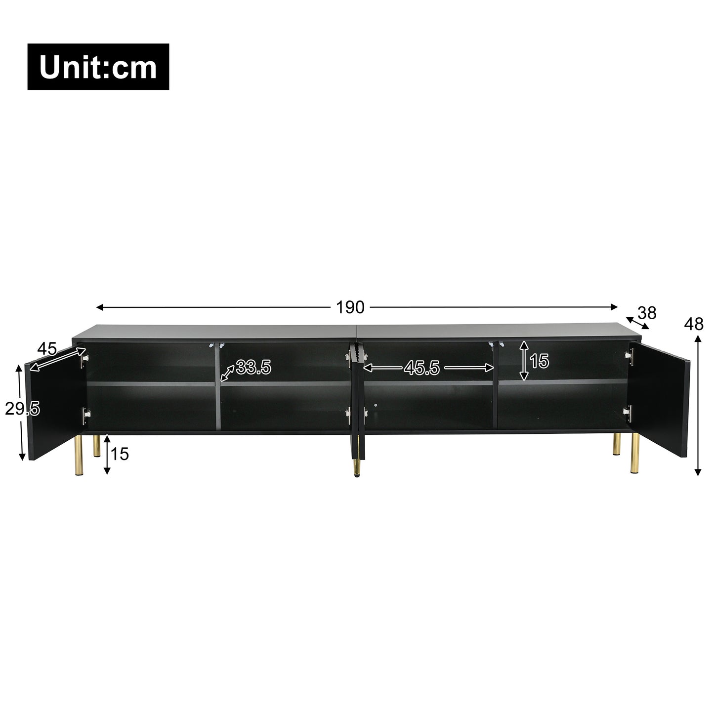 TV Lowboard – TV Meubel – TV Kast – TV Cabinet – Media Meubel – Modern Mat Zwart – 190x38x48 cm – Soft-Close Deuren – Goudkleurige Metalen Pootjes