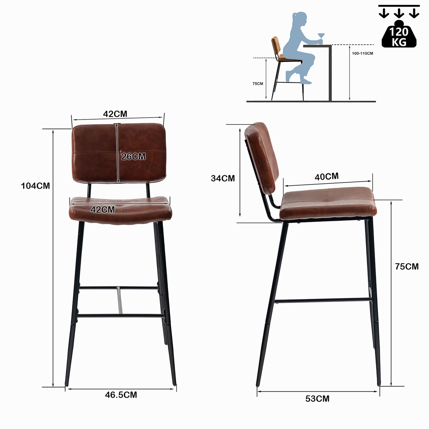 Barstoel – Kruk – Barkruk – Keukenstoel – Bistrostoel – PU Bekleding Bruin – Metalen Poten – 53x46,5x104 cm – Set Van 2