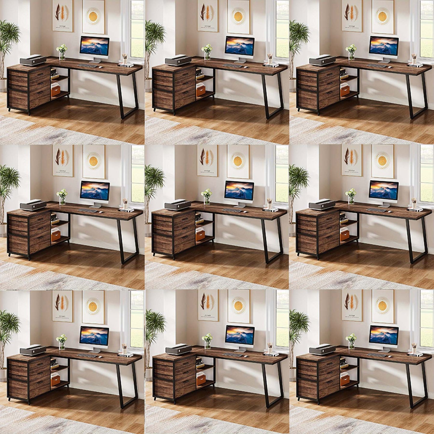 L-vormige bureautafel – hoekbureau – computerbureau – werkplek bureau – studie bureau – Klassieke bruine afwerking – omkeerbaar ontwerp – 3 lades en 2 planken – stevig vezelplaat frame