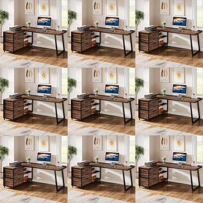 L-vormige bureautafel – hoekbureau – computerbureau – werkplek bureau – studie bureau – Klassieke bruine afwerking – omkeerbaar ontwerp – 3 lades en 2 planken – stevig vezelplaat frame