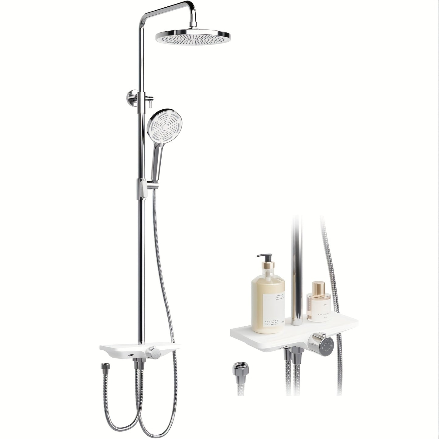 Douchekop – Handdouche – Regendouche – Handdouchekop – Douchekraan – 25 cm Diameter – Verstelbare Hoogte 98-130 cm – Ingebouwd Opbergrek