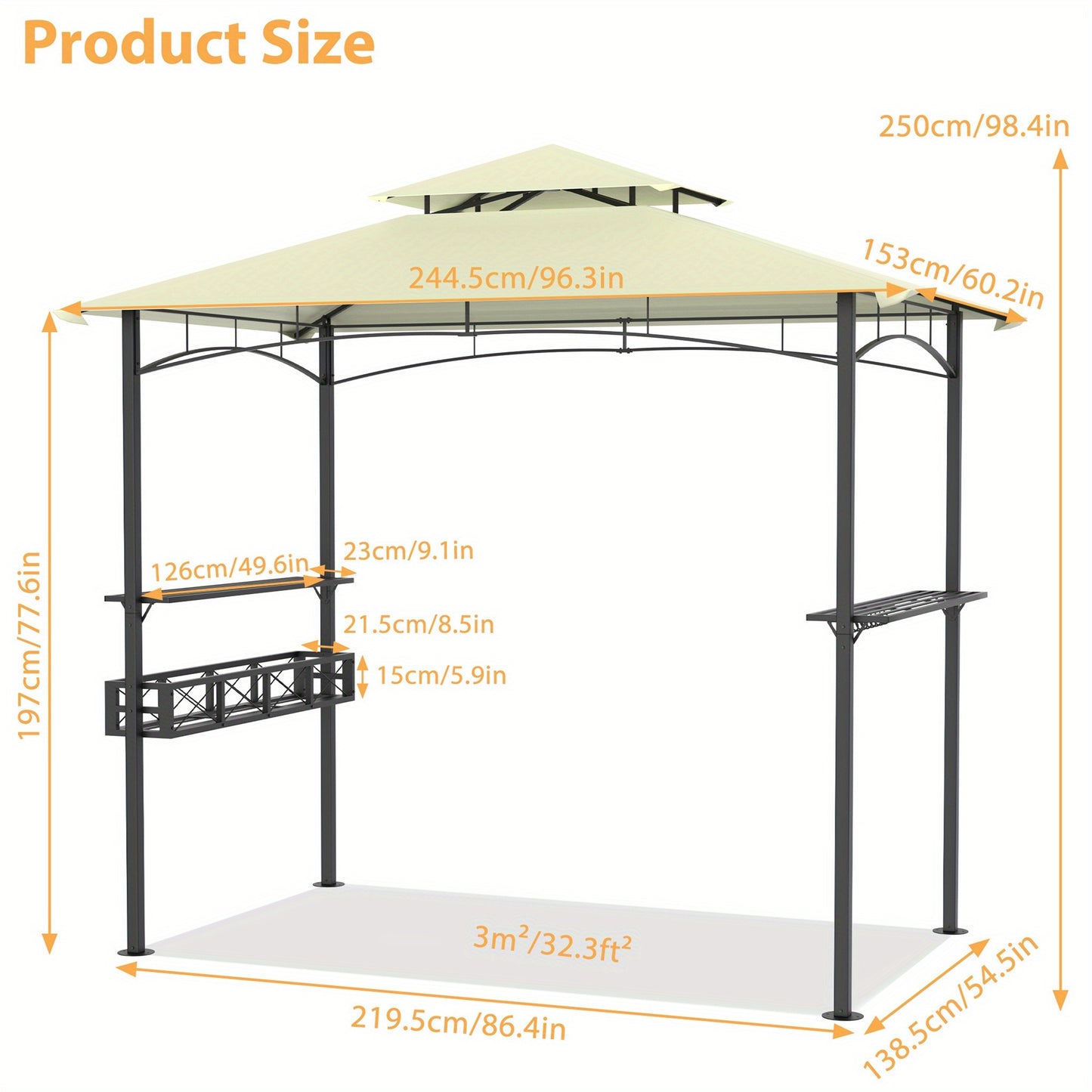 Barbecueoverkapping – Grillpaviljoen – BBQ Shelter – Terrasoverkapping – Barbecuetent – Beige Polyester – Met Dubbel Dak en Metalen Frame – Inclusief Zijplanken en Opbergmand met Haken