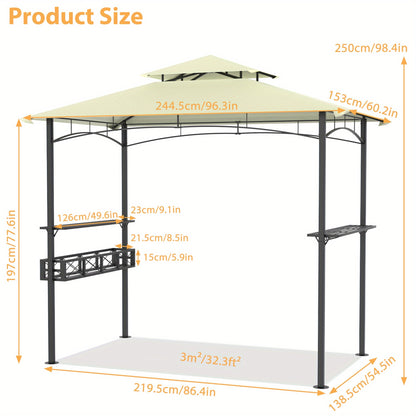 Barbecueoverkapping – Grillpaviljoen – BBQ Shelter – Terrasoverkapping – Barbecuetent – Beige Polyester – Met Dubbel Dak en Metalen Frame – Inclusief Zijplanken en Opbergmand met Haken