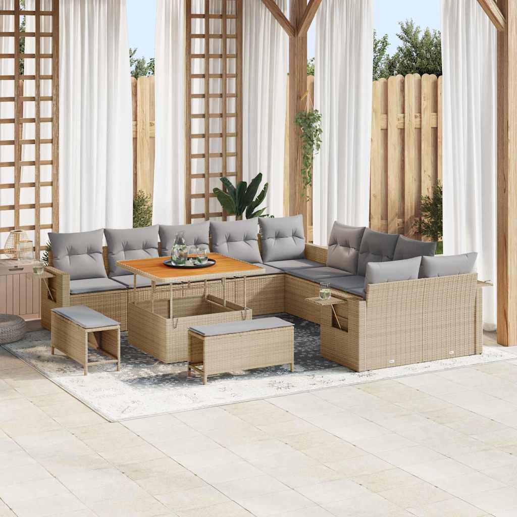 Tuinbank – Buitenbank – Loungeset – Tuinmeubel – Poly Rattan – Modulaire Opstelling – UV-Bestendig – Beige Met Kussens